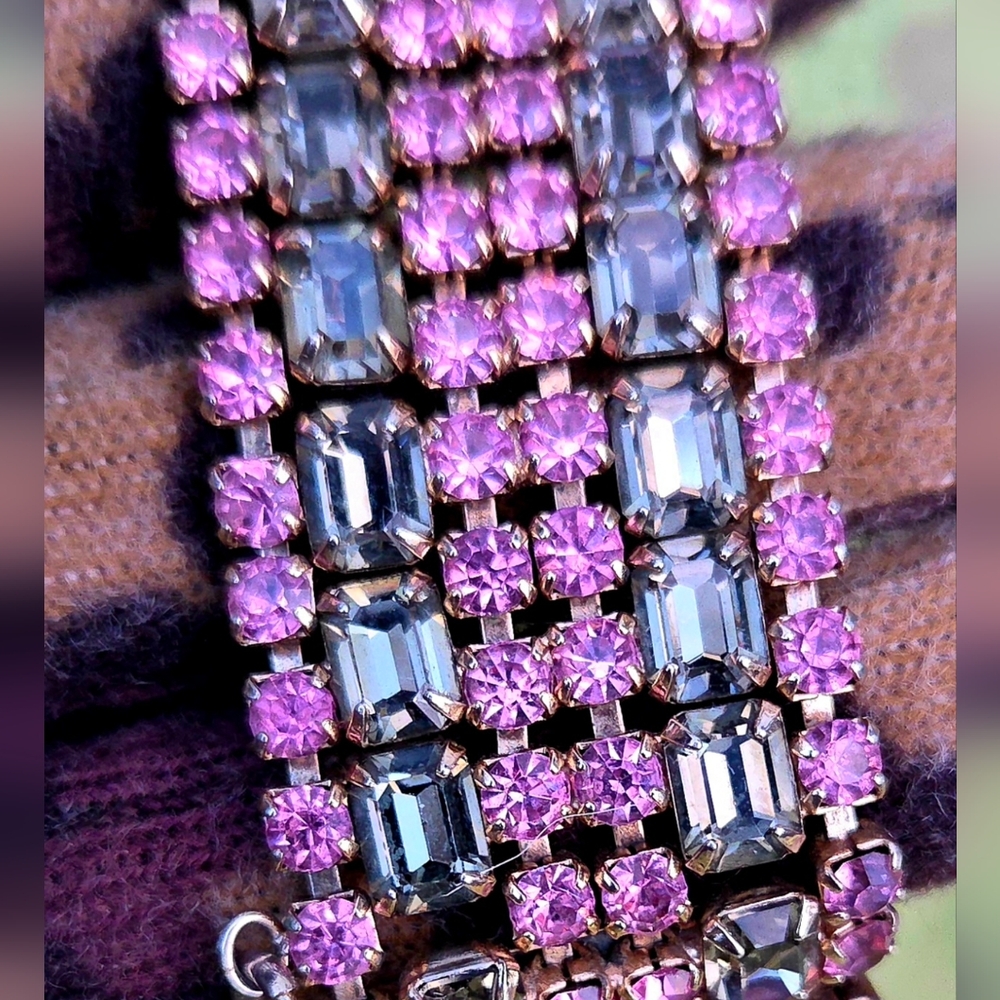 Vintage Pink & Smoky Gray Rhinestone Bracelet – Wide Panel Glam Statement, Gold